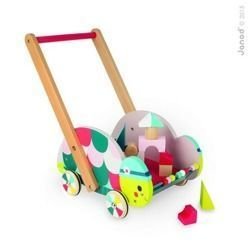Pchacz, chodzik dla dzieci - wózek z klockami leśny żółw + 12 klocków, JANOD